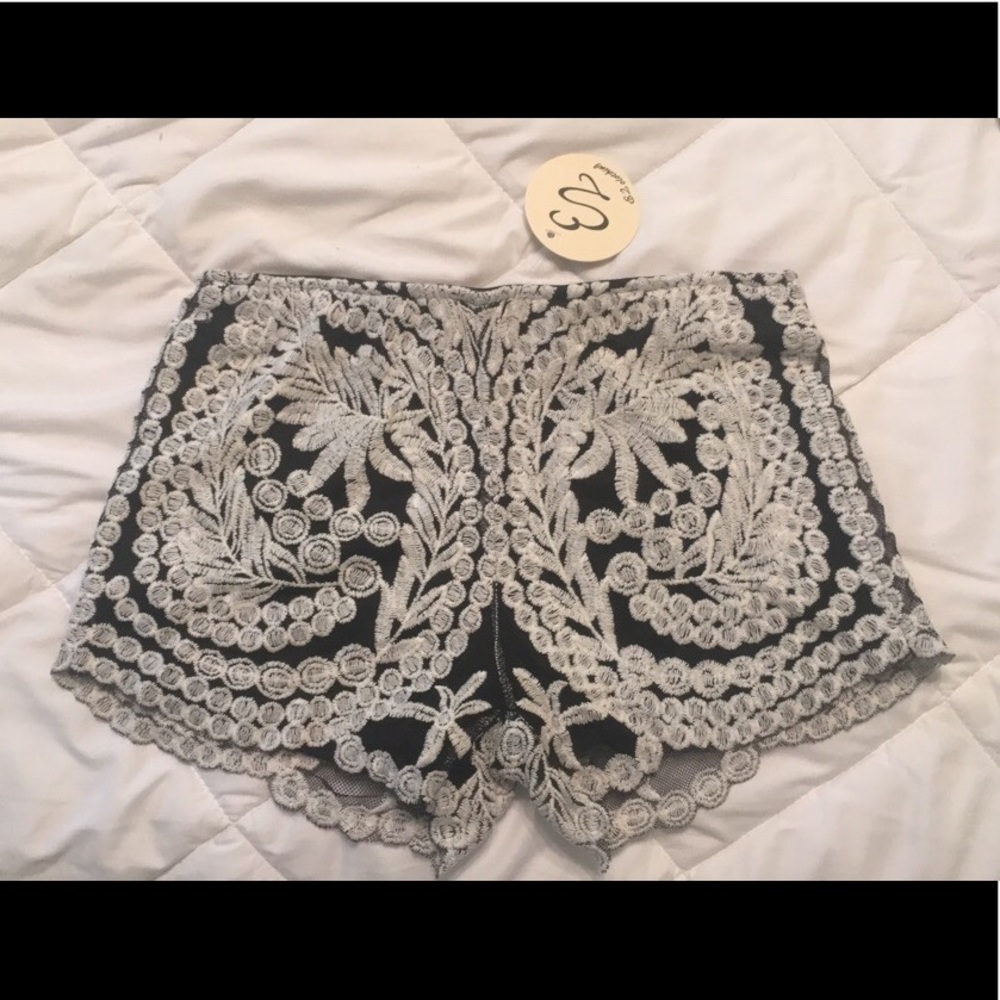 Black and White Embroidered Shorts